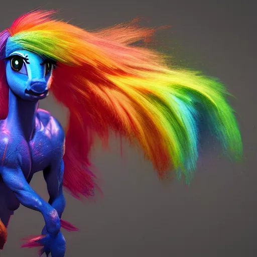 Image similar to hyperrealistic rainbowdash, stunning 3 d render inspired by istvan sandorfi & greg rutkowski & mike judge, perfect symmetry, dim volumetric cinematic lighting, 8 k octane comprehensive render, extremely mega hyper - detailed and lifelike attributes & atmosphere, intricate, realistic flesh texture, masterpiece, artstation, stunning,