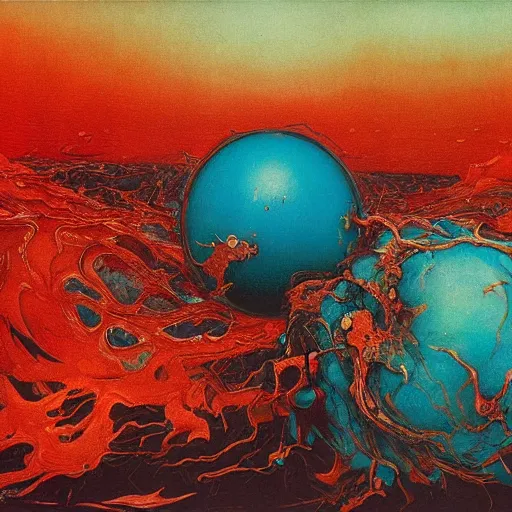 Image similar to a sphere being devoured by abstract splatters of paint in the style of francis bacon, venus being engulfed in flames in the style of james jean, surreal, beksinski, high detailed