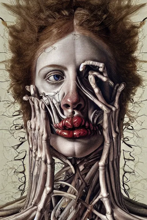 Image similar to Detailed maximalist portrait of a greek god with large lips and eyes, scared expression, botanical anatomy, skeletal with extra fleshy limbs, HD mixed media, 3D collage, highly detailed and intricate, surreal illustration in the style of Jenny Saville, dark art, baroque, centred in image