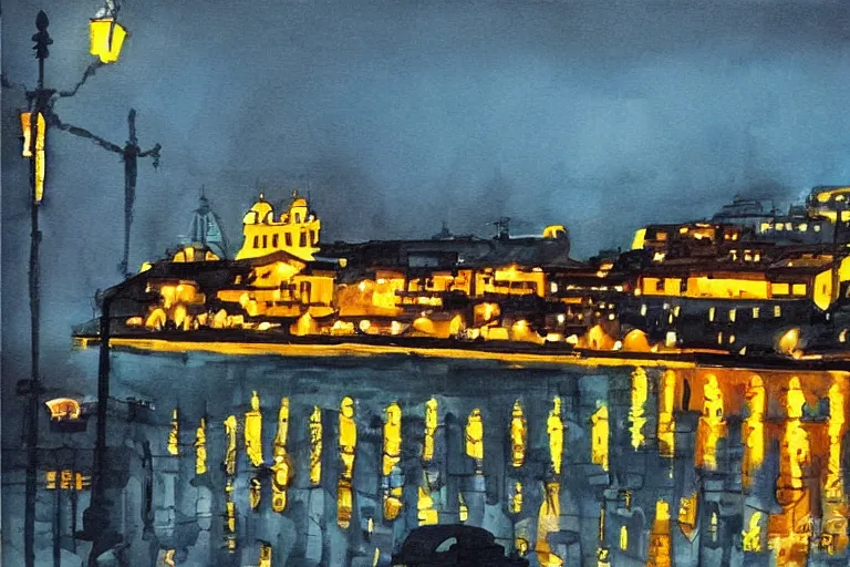 Image similar to lisbon city at night, art in the style of adriana molder