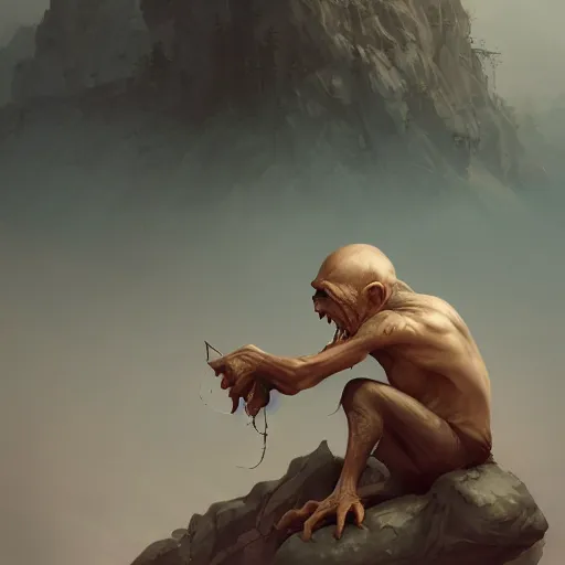 Image similar to gollum sitting on a rock eating a fish, by peter mohrbacher dan mumford craig mullins nekro, cgsociety, pixiv, volumetric light, 3 d render, smoke, dark fog, high contrast colors