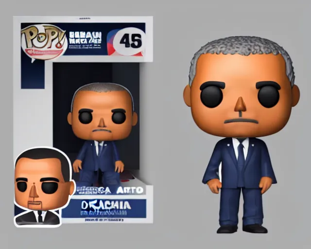 Image similar to full body 3d render for barack obama as a funko pop, studio lighting, white background, packaging, blender, trending on artstation, 8k, highly detailed