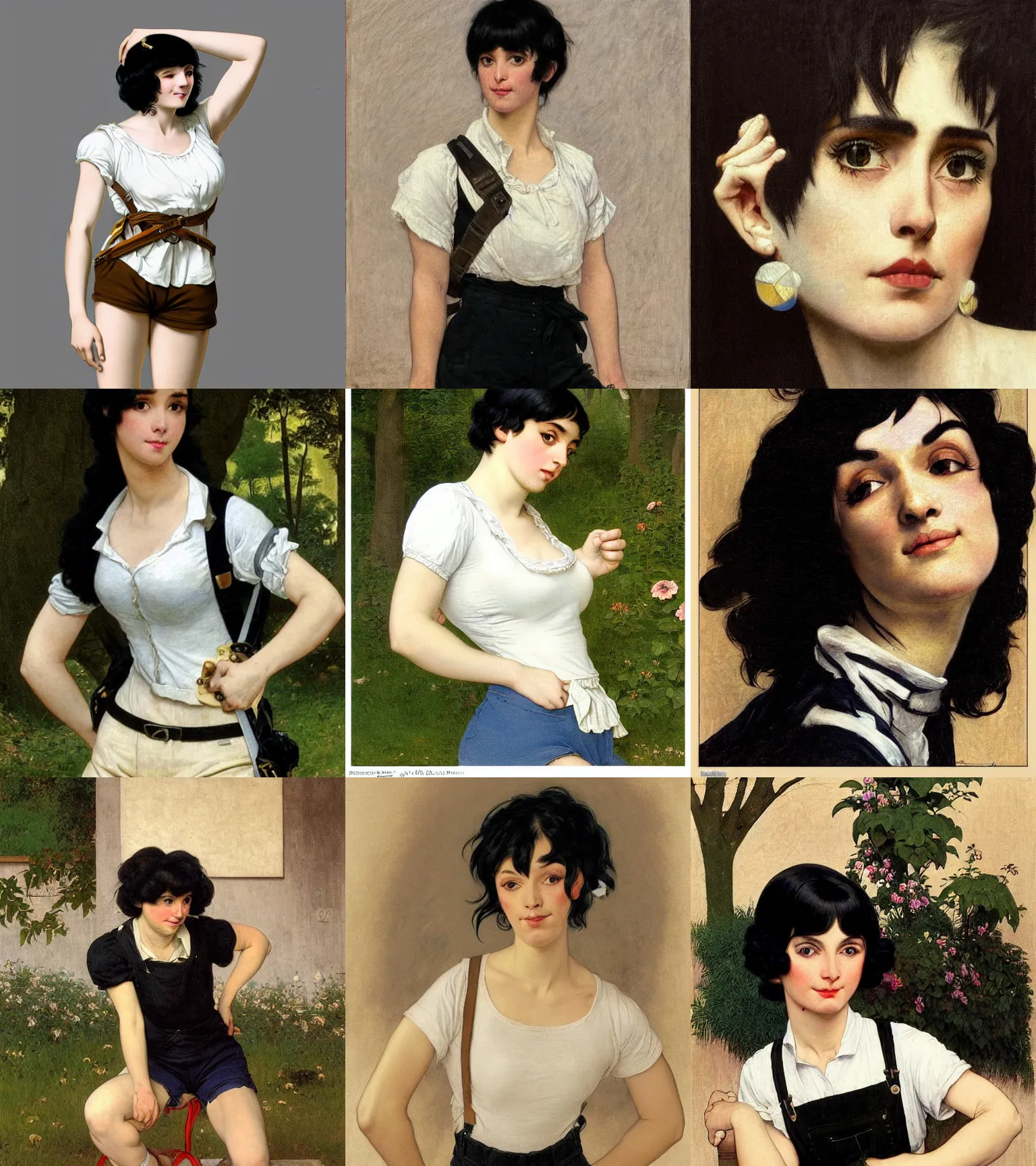 Prompt: a woman with black hair and long pixie haircut in shorts with suspenders and white t-shirt drawn by Jacques-Louis David, norman rockwell, frank frazetta, Paolo Hayez, maler collier, peter paul rubens, alphonse mucha, gustav klimt 4k, unreal 5, DAZ, french noveau, trending on artstation, octane render, hyperrealistic