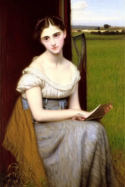 Image similar to girl sending a letter by auguste toulmouche by vittorio reggianini, pastoral, perfectly detailed eyes, beautiful hands, pale skin, blonde hair, leaning on door, dreamy fields, windy moors