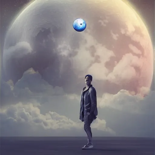 Prompt: 3 d, sci - fi, night, moon, smiling fashion model face, moon rays, cinematic, clouds, vogue cover style, a man walks to the horizon, blue mood, realistic painting, intricate oil painting, high detail illustration, figurative art, multiple exposure, poster art, 3 d, by tooth wu and wlop and beeple and greg rutkowski