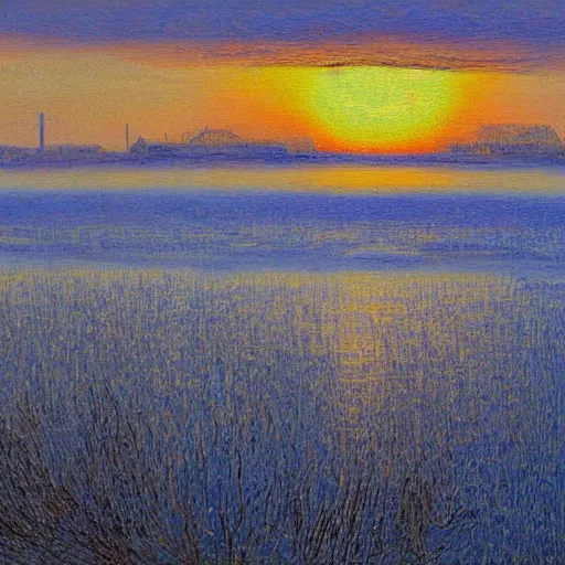 Prompt: sunrise over the dnipro river, by ivan marchuk