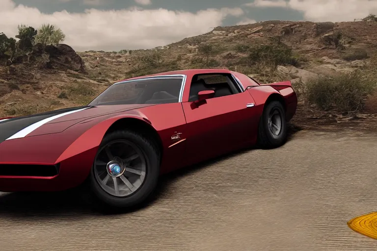 Image similar to updated sleek concept for a firebird trans am, cinematic, photoreal, by red dead redemption 2