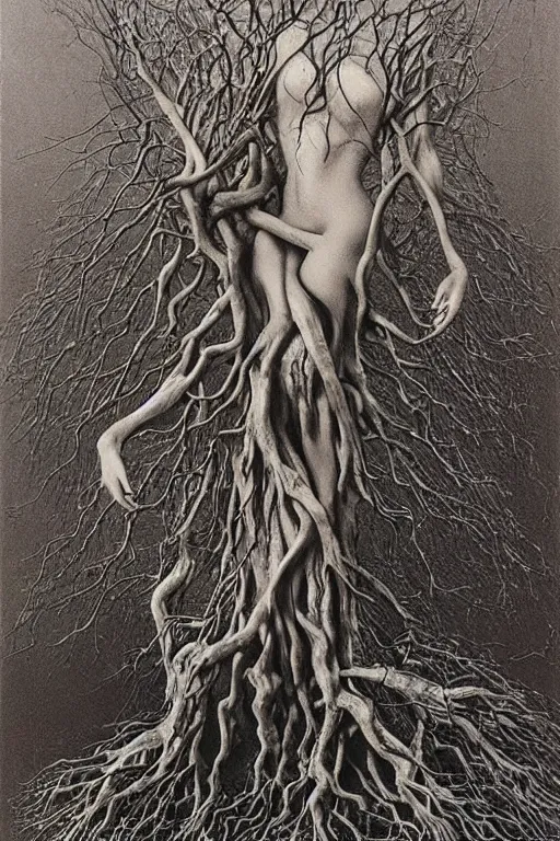 Prompt: zdzisław beksinski painting. tangling tree restraining a woman, highly detailed, many roots, disturbing, unsettling, intricate, beautiful