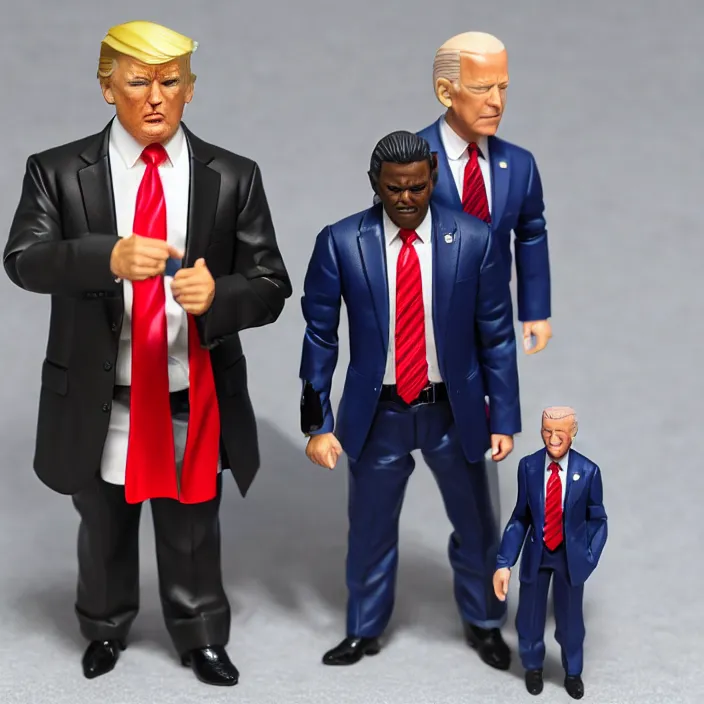 Image similar to detailed action figures of donald trump and joe biden, first 4 figures, detailed product photo