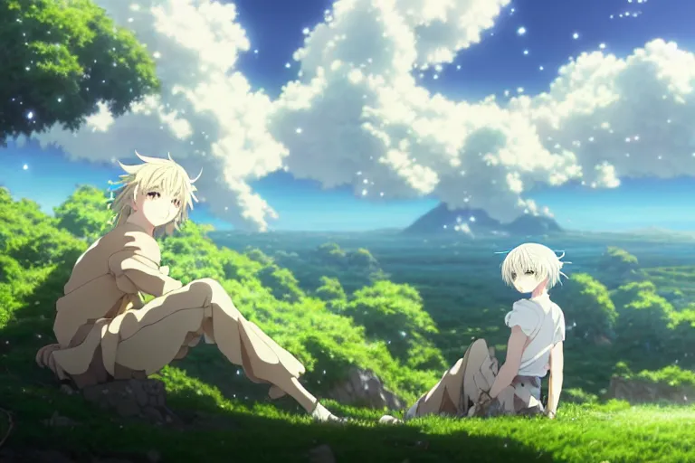 Image similar to a vast scene, panorama distant view, anime art full body portrait character concept art, hyper detailed scene render of a boy and a white lion, anime key visual of violet evergarden, finely detailed perfect face delicate features directed gaze, in the white clouds fairyland, trending on pixiv fanbox, violet evergarden, studio ghibli, james jean, extremely high quality artwork