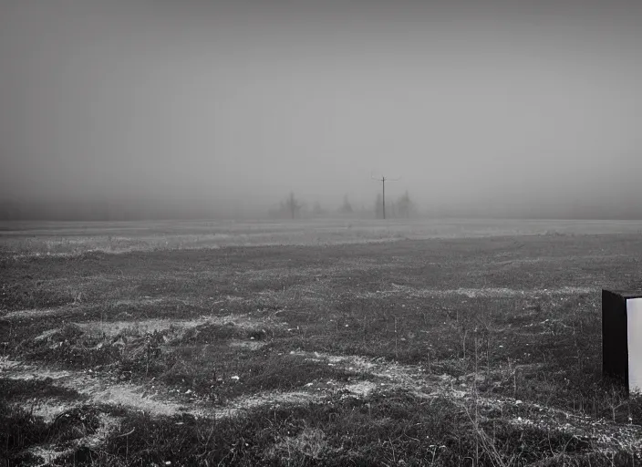 Image similar to high resolution black and white photography with a 3 5 mm f / 2 2. 0 lens of architectural building blocks bulgaria in the middle of a russian wasteland in the 8 0's in the middle of nowhere, there is fog and lights in the background. fine art photography and very detailed