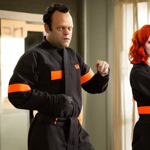 Prompt: vince vaughn as jack fenton, he is wearing an orange coveralls bodysuit with a black neck and a black belt, and christina hendricks as maddie fenton, she is wearing a tight teal coveralls bodysuit with a black neck and black belt, movie photo, spooky netflix still shot, they are looking for ghosts