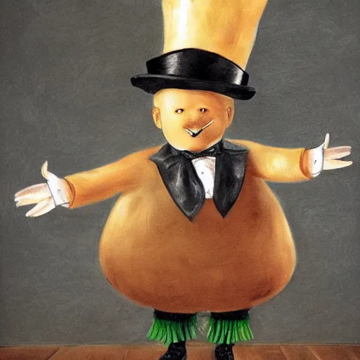 Image similar to a potato dancing an Irish jig wearing a top hat