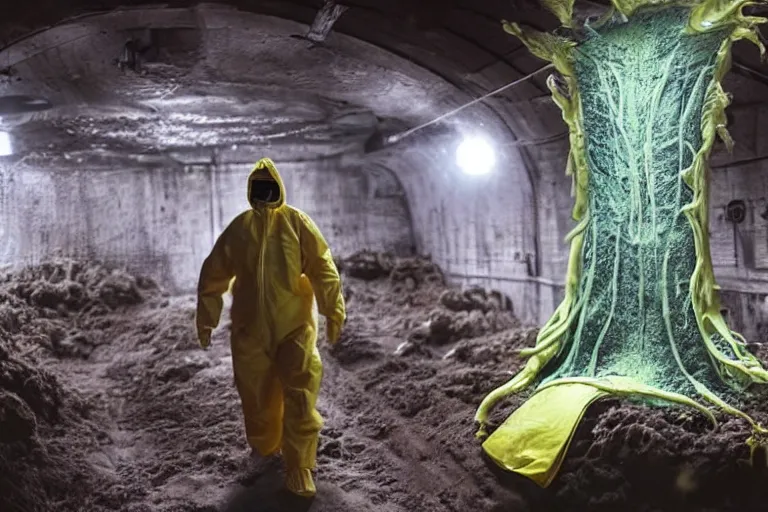 Prompt: a man in a hazmat suit looks on helplessly as a huge alien fungus monster grows out of control in a creepy underground lab with science and computer equipment