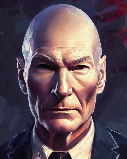 Image similar to a highly detailed portrait of Sir Patrick Stewart as Captain America, by greg rutkowski and android jones in a surreal portrait style, oil on canvas, ancient cyberpunk 8k resolution, masterpiece