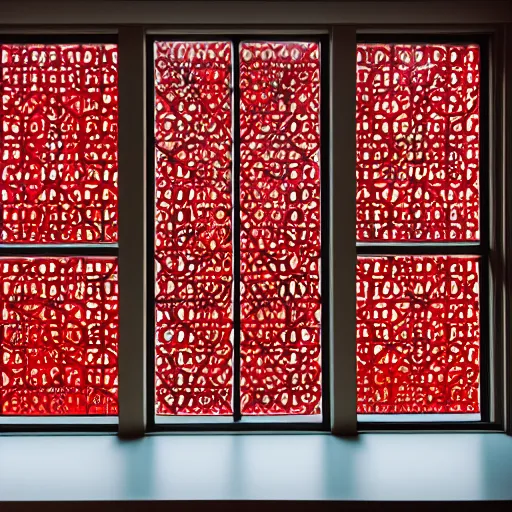 Prompt: a window above allows red light to cast an ornate pattern on the floor below