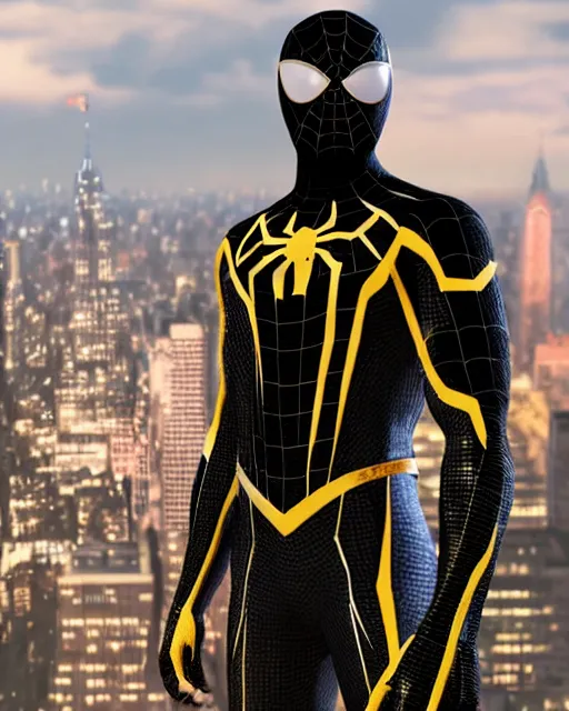 Image similar to photorealistic, hyperdetailed photograph of black spider - man suit with gold webbing by insomniac games