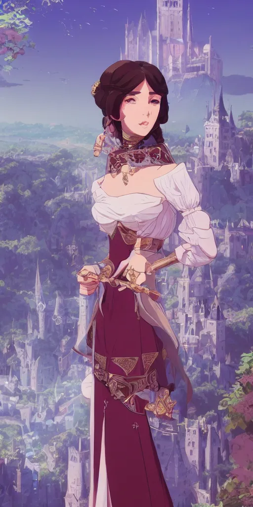 Image similar to portrait of elegant brunette as a medieval royalty, medieval castle background, shallow focus, rich vivid colors, ambient lighting, dynamic lighting, 4k, official media, anime key visual, makoto shinkai, ilya kuvshinov, lois van baarle, rossdraws, detailed, trending on artstation