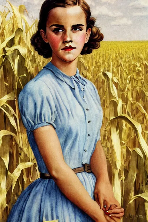 Image similar to photo photorealistic portrait photograph Emma Watson in a corn field 1950s portrait by Norman Rockwell