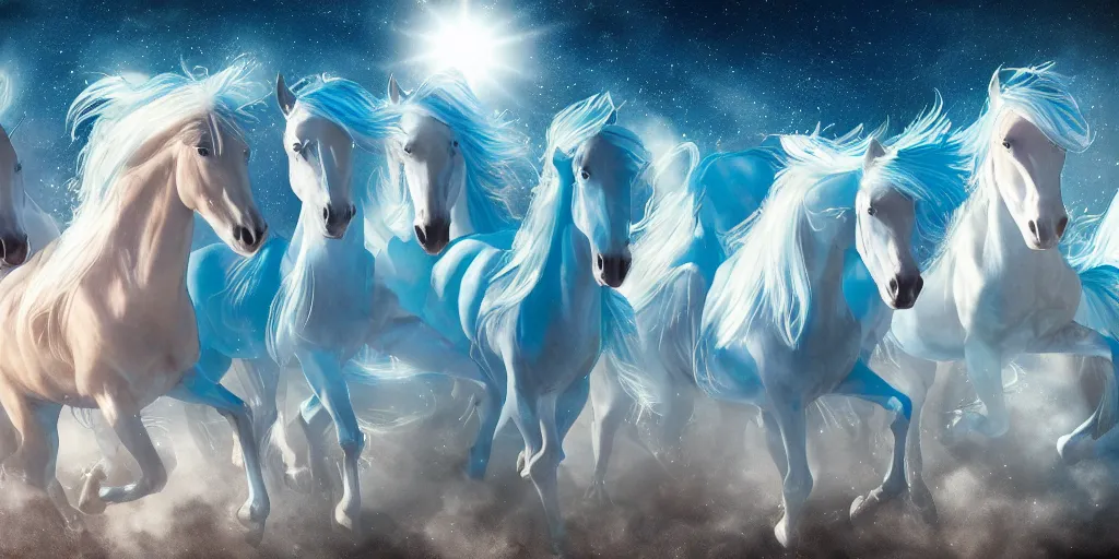 Prompt: a group of cyan spectral ghostly translucent horses with riders fly overhead in the starry twilight sky, high detail, sharp, digital art