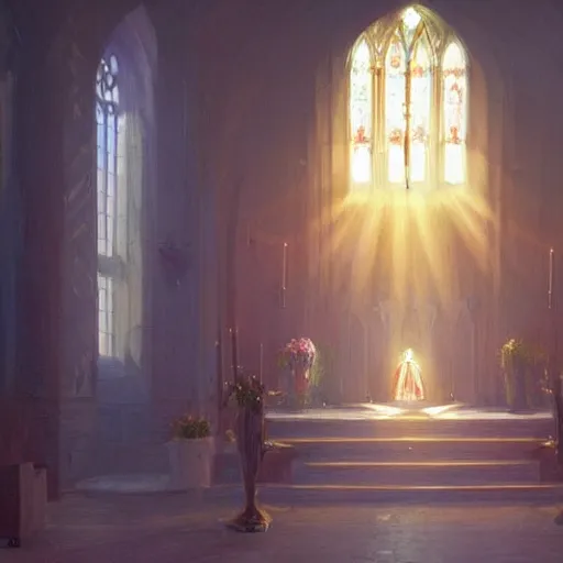 Prompt: a Masterpieces portrait of trump in flowers radiates holy light in the church in the style of greg rutkowski,epic lighting,moebius style,oil on canvas