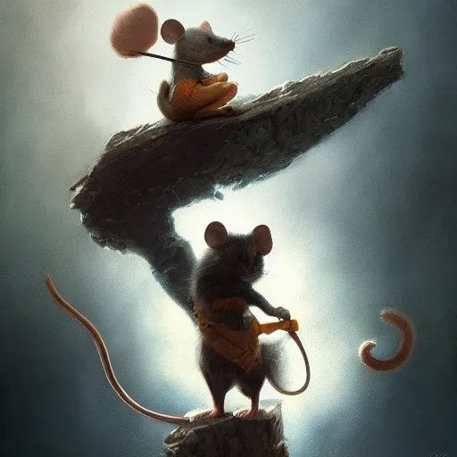 Prompt: a heroic mouse riding on the back of a prancing cat, photography, hyperrealistic, by greg rutkowski, smooth, illustration, elegant, artstation, digital painting.