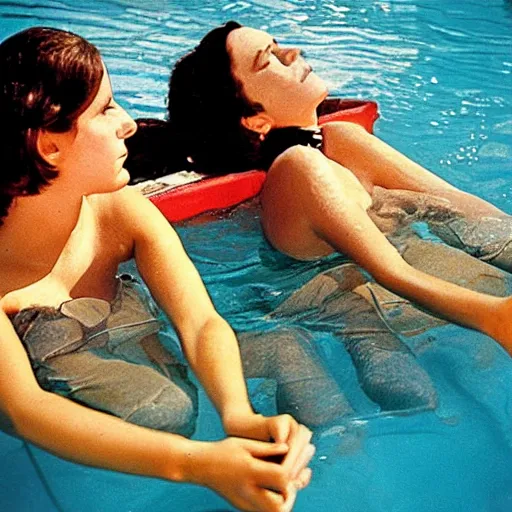 Prompt: two woman in the pool, film camera style, la piscine 1 9 6 9 film aesthetics, 1 9 7 0 s