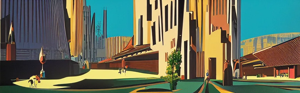 Prompt: coventry city centre, modernism, gouache, animated film, stylised, illustration, by eyvind earle, scott wills, genndy tartakovski, syd mead