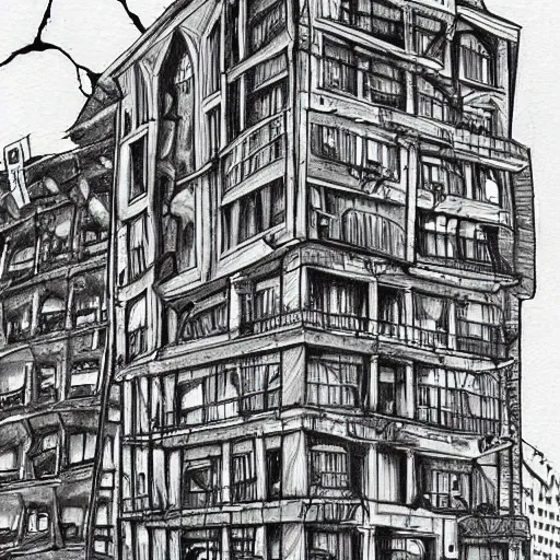 Image similar to a world fallen by disease, cities completely wasted away, nature taken over and grow over buildings, high quality sketch art