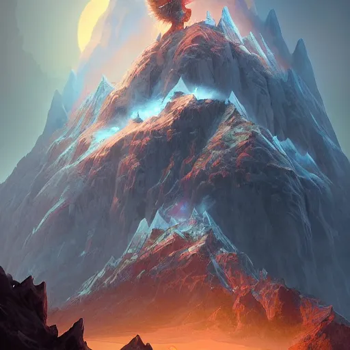 Image similar to mountain reaches into the sky, huge daragons breathing ice and fire by peter mohrbacher and dan mumford and nekro, cgsociety, volumetric light, 3 d render