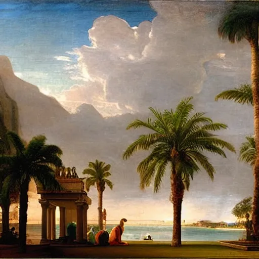 Image similar to The biggest palace ever made, thunderstorm, greek pool, beach and palm trees on the background major arcana sky, by paul delaroche, hyperrealistic 8k, very detailed