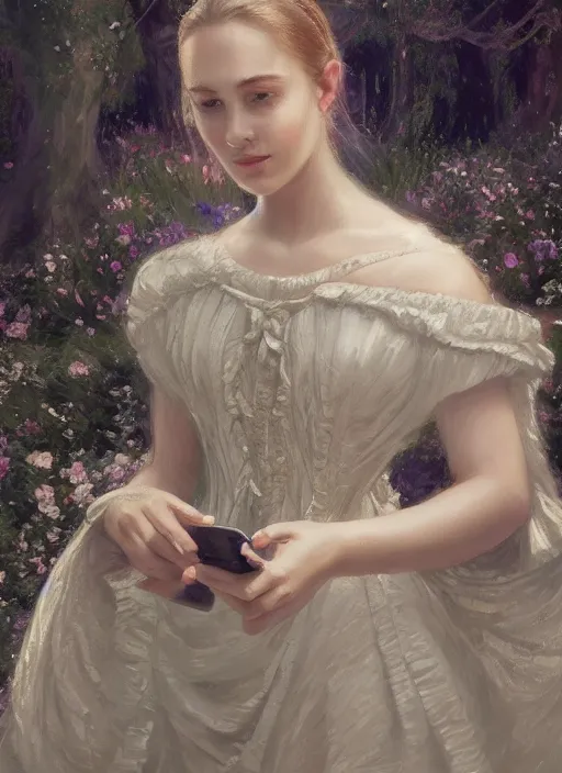 Prompt: upper body portrait of a beautiful maiden in an expensive victorian dress holding taking a selfie in a royal garden, award winning, masterpiece digital painting by greg rutkowski, alex grey, artstation, 4 k wallpaper,