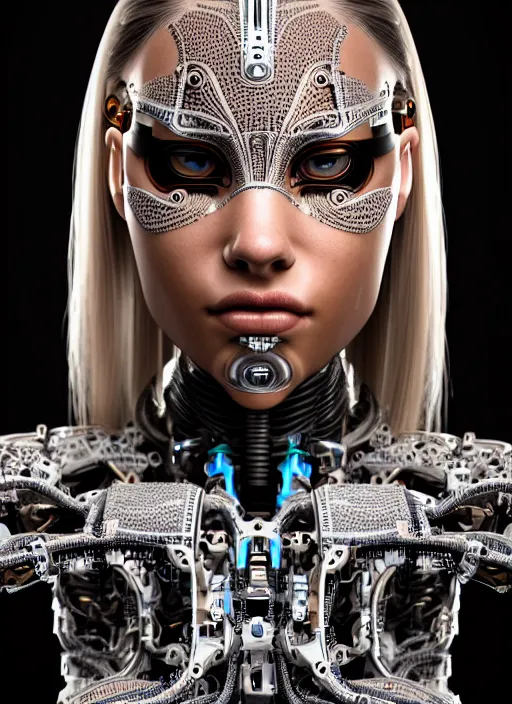 Image similar to a stunning young female cyborg profile face, face is made intricate tribal bio - mechanical, unreal engine, glamor shot, nikon d 7 5 0, closeup, f / 2. 8, low contrast, 1 6 k, rim lighting, optical fiber, cinematic lighting, insanely detailed and intricate, hypermaximalist, elegant, ornate, hyper realistic,