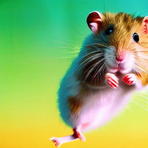 Image similar to hamster flying at the speed of light, colorful, realistic, national geographic