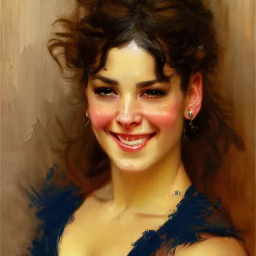 Image similar to a portrait of a pitbull woman hybrid smiling at the viewer. highly detailed painting by gaston bussiere, craig mullins, j. c. leyendecker 8 k