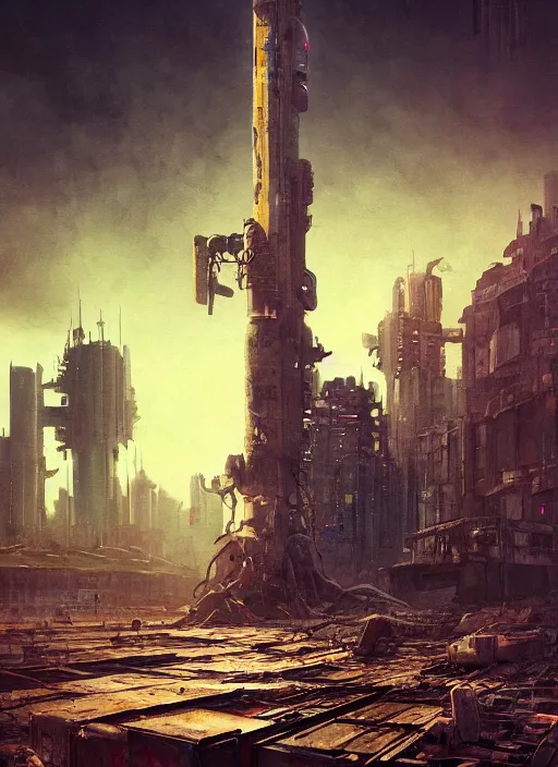 Prompt: a painting of a giant robot standing in front of a post apocalyptic city ruins, cyberpunk art by mike winkelmann, behance contest winner, nuclear art, dystopian art, apocalypse art, sci - fi