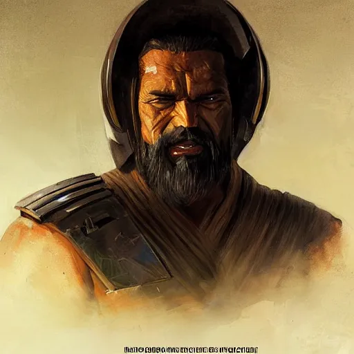 Image similar to portrait of a man by greg rutkowski, old bounty hanter, samoan features, tall and muscular, epic beard, star wars expanded universe, he is about 8 0 years old, wearing mandalorian gear.