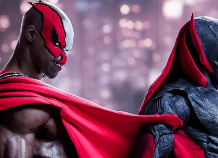 Image similar to film still of michael b jordan as spawn in the new spawn movie, giant chains, large cape, 8 k