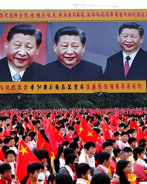 Image similar to tangping lying flat protest movement in china in front of a giant portrait of xi jinping