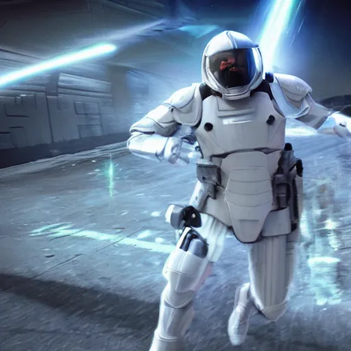 Image similar to movie photograph of an old man who is a veteran of many futuristic wars with short gray hair and blue eyes. he is wearing a white futuristic suit of heavy combat armor and holding a blaster in one hand and a plaster plasma - proof shield in the other. riding a white armored motorcycle charging into enemy lines while firing plasma bolts. futuristic battle.