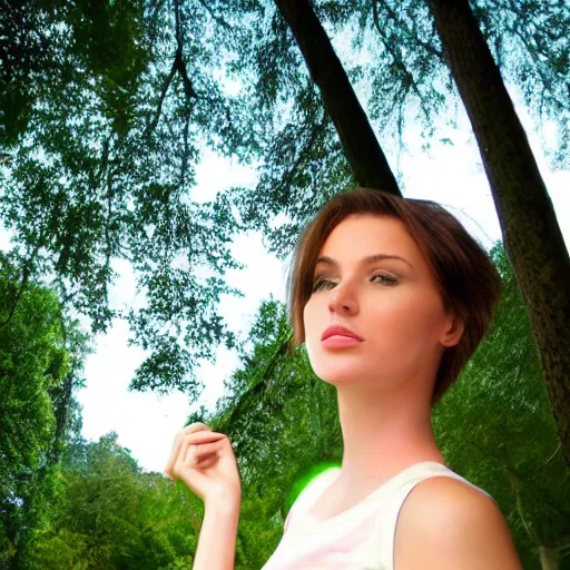 Image similar to an hd candid photo of a cute young woman with short brown hair and green eyes, beautiful trees in the background, night sky with stars and galaxies, trending on artstation