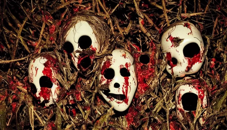 Prompt: “Explosion of doll heads covered in blood in a strange dense forest at night, close up, cinematic lighting, highly detailed special effects”