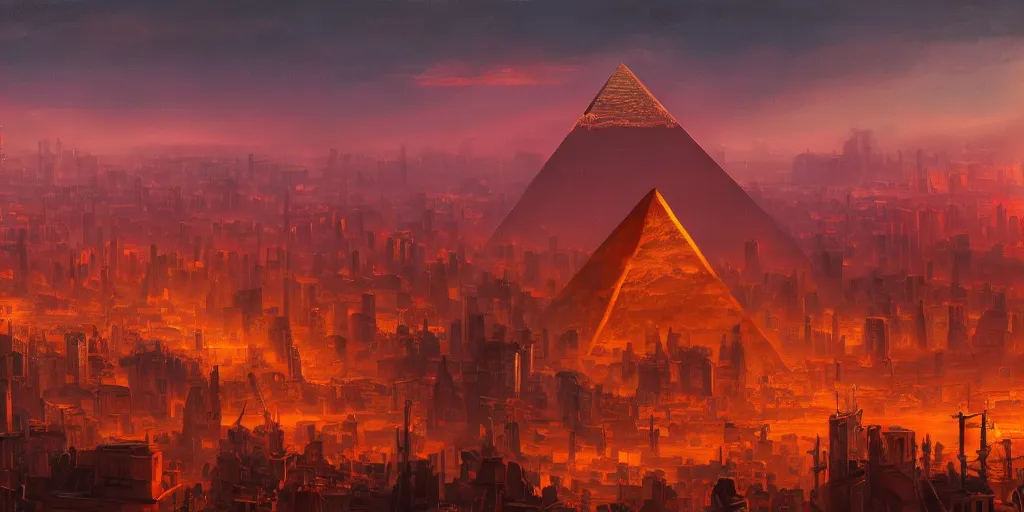 Image similar to an oil painting of a city with one pyramid in the center and walls that surround the city and a dark red sun, fantasy,hyper realistic, atmospheric lighting, cinematic, 8k,