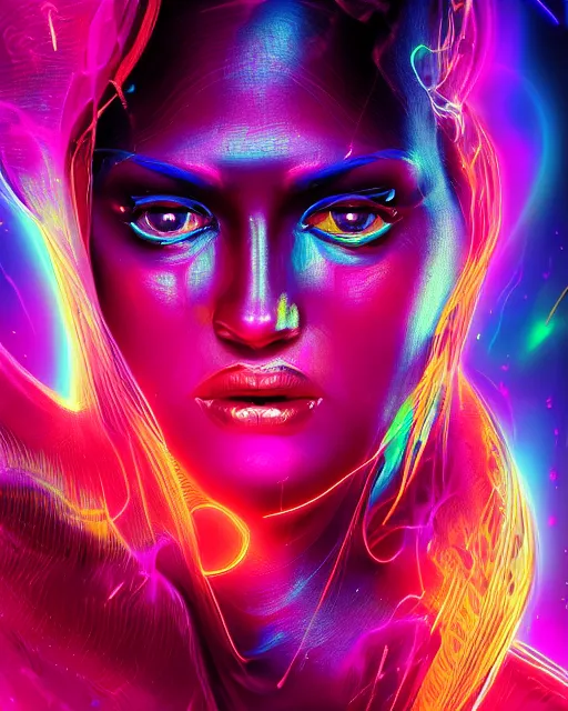 Image similar to a powerful energy psychedelic neon woman, by alexander fedosav, hyper detailed digital matte painting, concept art, hyperrealism, 1 6 k resolution, cinema 4 d, 8 k resolution, trending on artstation, behance hd, a masterpiece, by stephan martiniere, particles, cel - shaded, power bright neon energy, by david a. hardy,