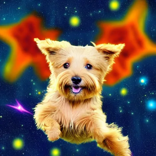 Prompt: A blond Norfolk terrier flying through the universe with an explosion behind it