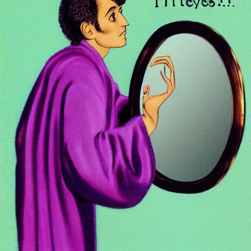 Prompt: a huge shiny silver metal mirror. A philosopher gazes into the mirror wearing a purple robe and gold lining. Pictured on the cover of an Usborne children's book.