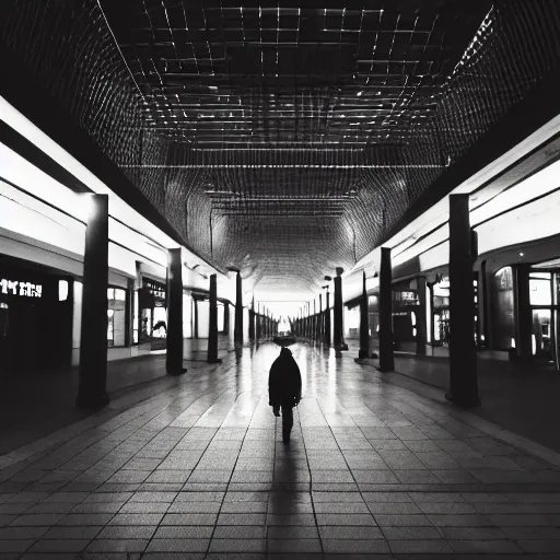 Image similar to a samurai walks alone through a mall at night, gloomy, dark, foggy, night, ominous, dark color, atmospheric, cinematic lighting, intricate detail?