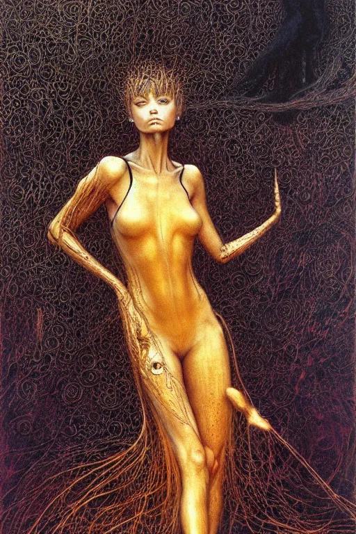 Image similar to portrait of tomboy, black short hairs, in golden dress, fantasy, intricate, jean delville, luis royo, beksinski
