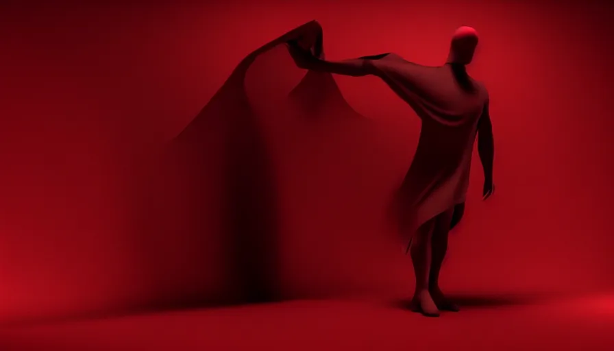 Image similar to enigmatic figure wrapped in red sheet in darkness, high contrast, hard light, digital art, rendering, cloth simulation, redshift