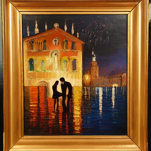 Image similar to an oil painting of couple kissing, in a background fireworks in venice